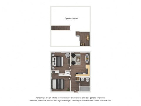 Floor plan for 2 beds, 1 bath, 593 sqft